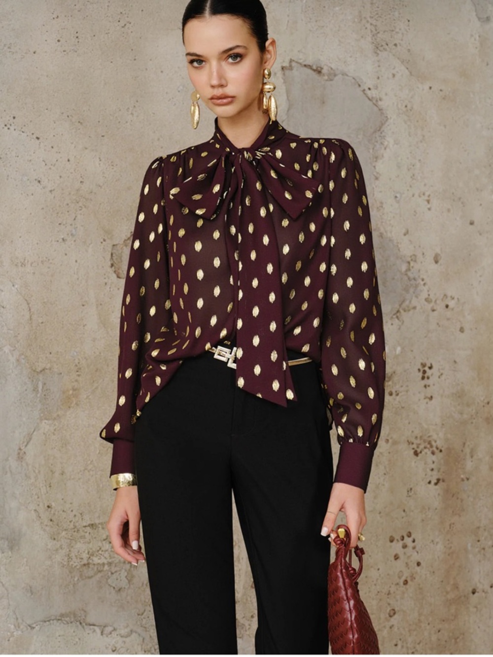 Commense Polka Dot Bow Neckline Semi-Sheer Blouse Size S